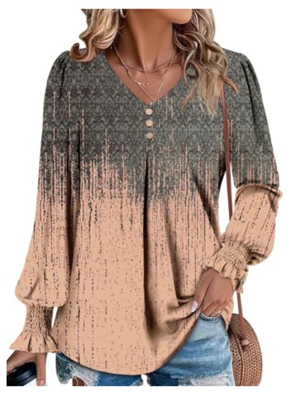 Womens V Neck Pleated Tunic Top Long Sleeve Flowy Blouse